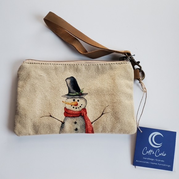 Cott n Curls Snowman Canvas Wristlet w/Leather Strap Pouch Handbag NWT *READ* - Picture 1 of 16